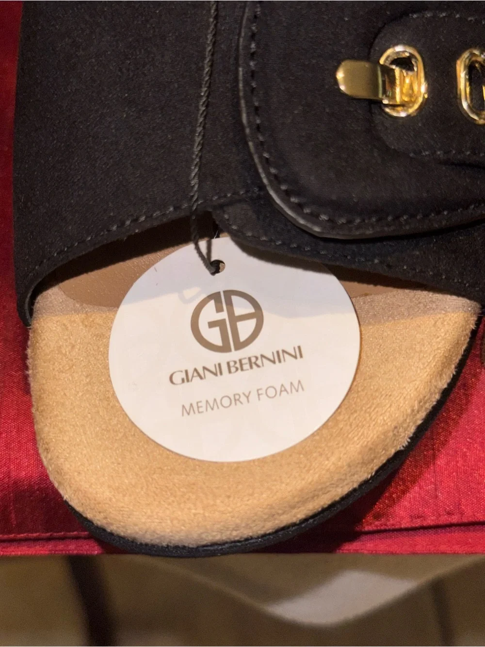 Giani Bernini black suede platform slide sandals with a cushioned tan insole